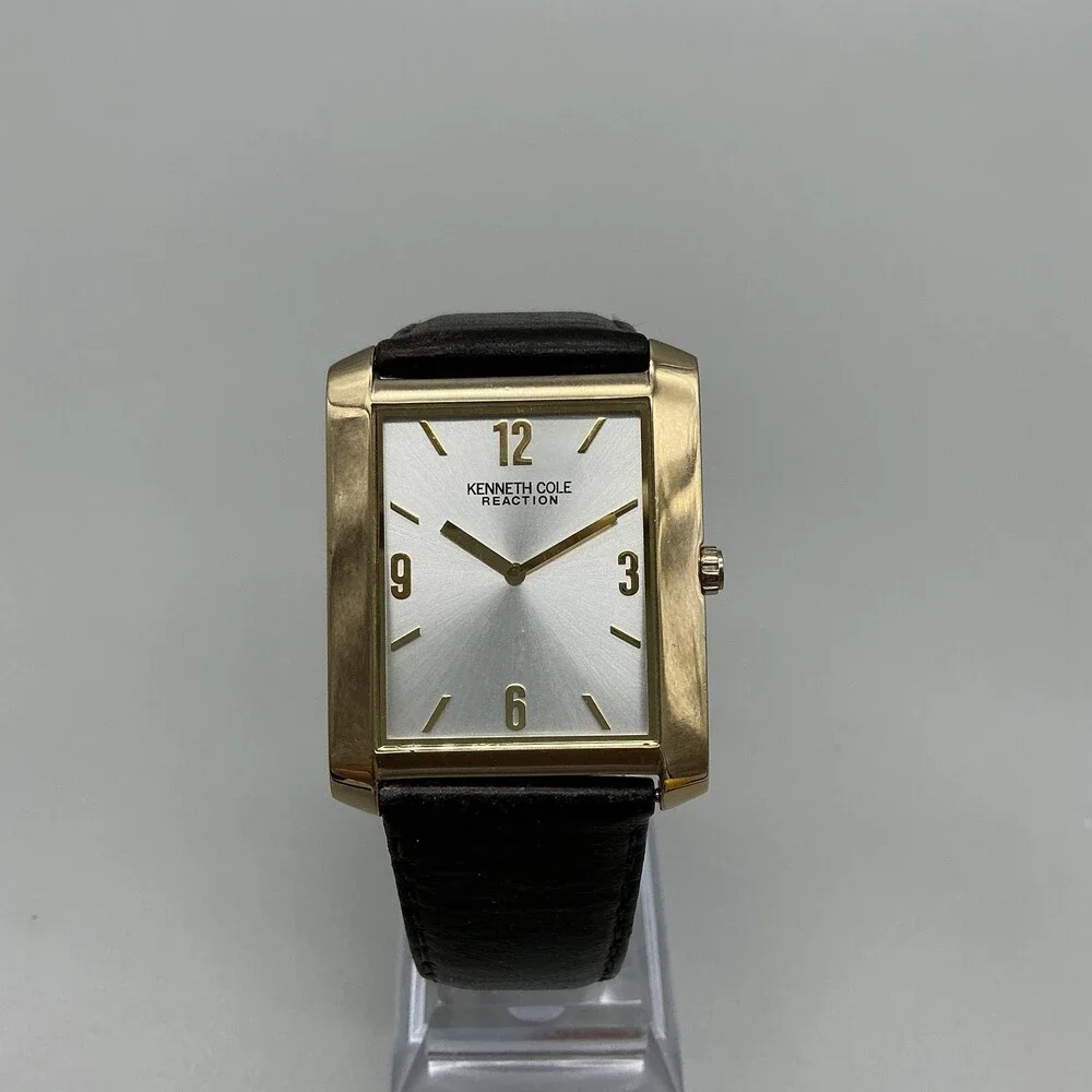 Kenneth Cole Reaction Mens Watch 33mm Silver Gold Tone Black Leather New Battery